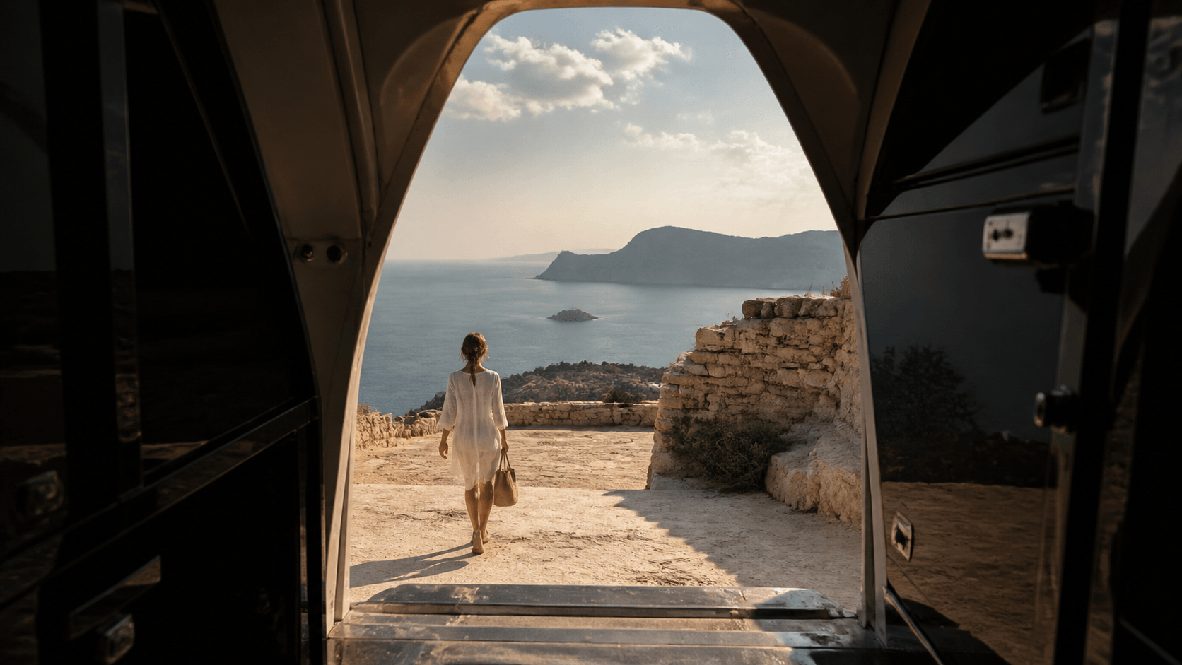 A passenger stepping out into a Mediterranean landscape on arrival